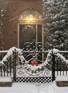 Snowy front door of Bishop's residence 2018