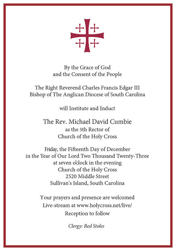 Institution invitation for the Rector of Church of the Holy Cross, David Cumbie