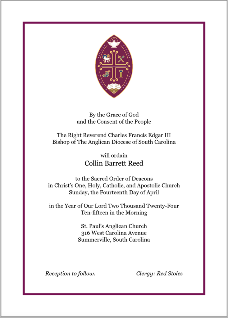 Invitation to Collin Reed's Diaconal Ordination
