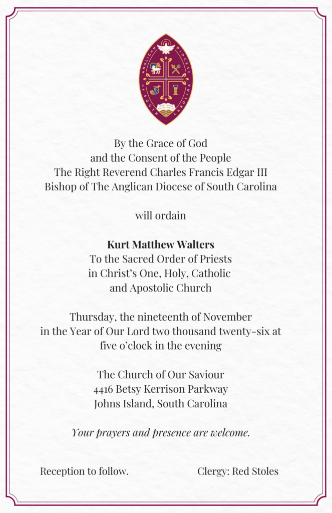 Ordination Invitation Kurt Walters Kurt Walters Ordination Invitation